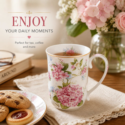 1-6x 405ml Fine Porcelain Mug Pink Hydrangea Floral Tea Coffee Cup Gift Home Office