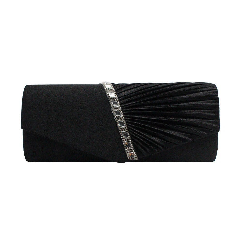 Women Satin Pleated Diamante Evening Clutch Bag Wedding Bridal Party Chain Bags 8 Colour
