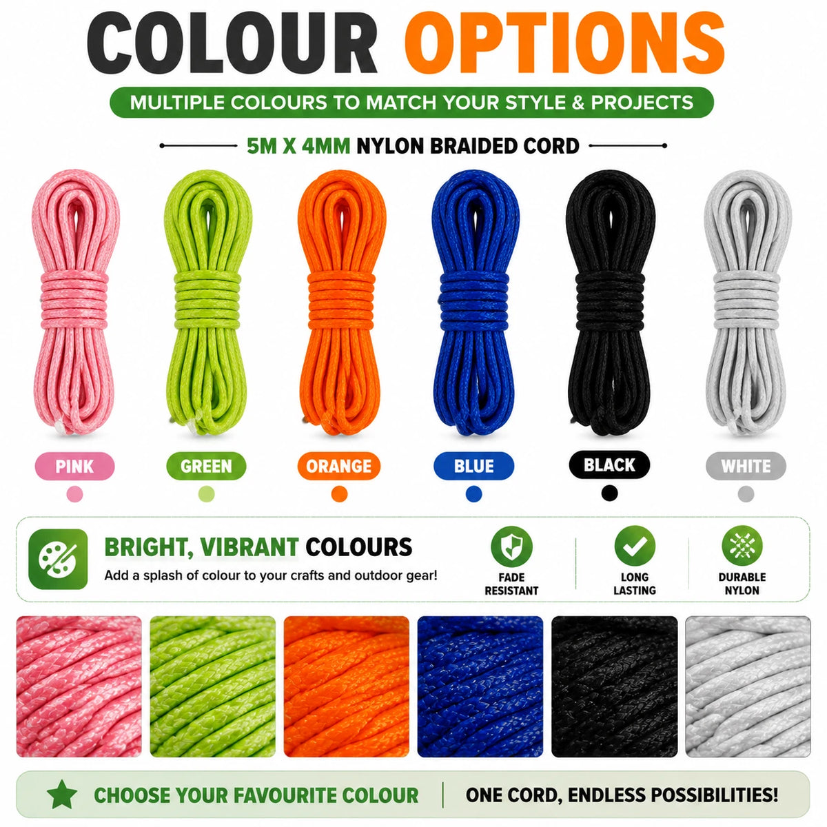 6 Pack 5M 4MM Nylon Braided Cord Rope Craft Camping Hiking DIY Macrame Binding 6 Color