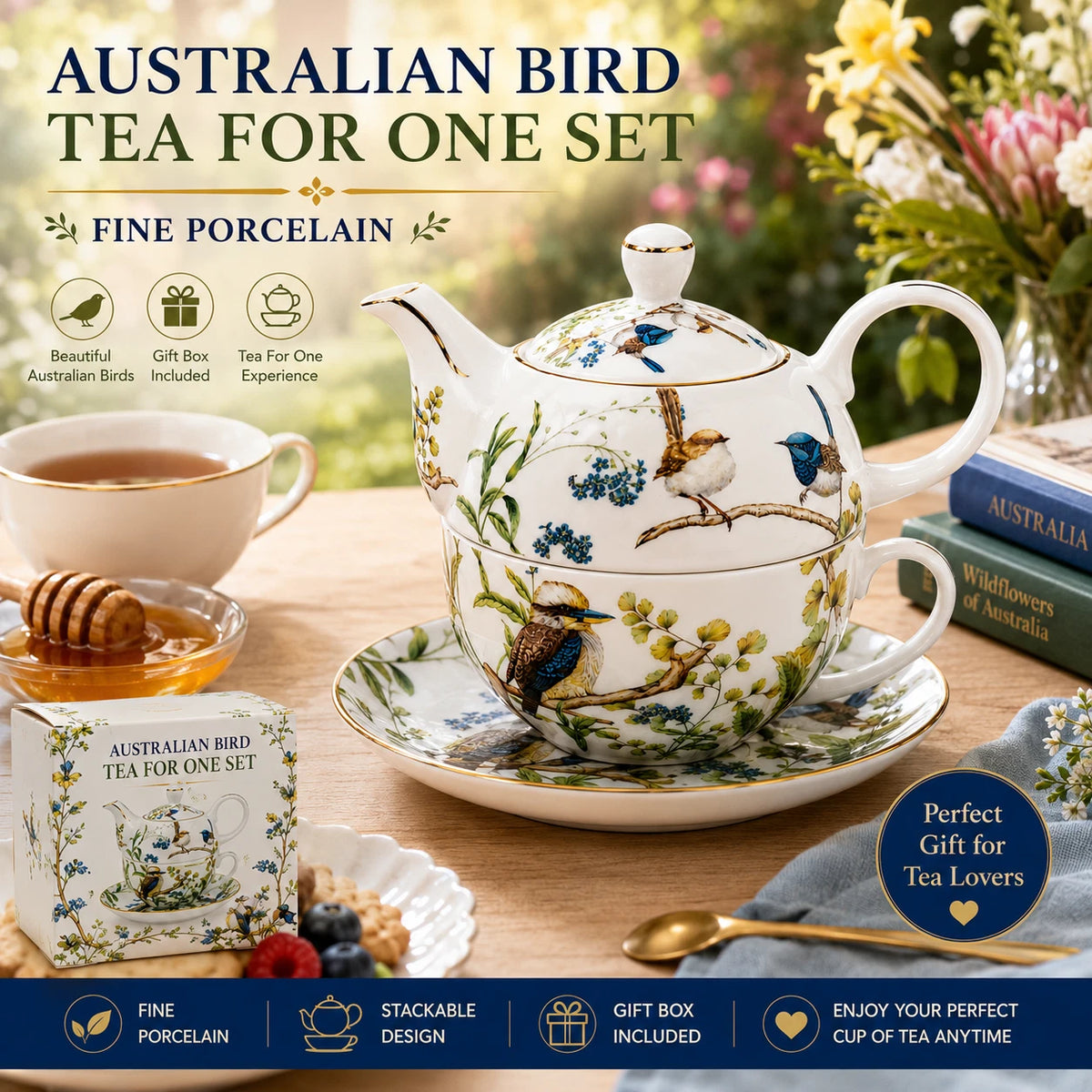Australian Bird Tea For One Set Teapot Cup Fine Porcelain China Gift Afternoon