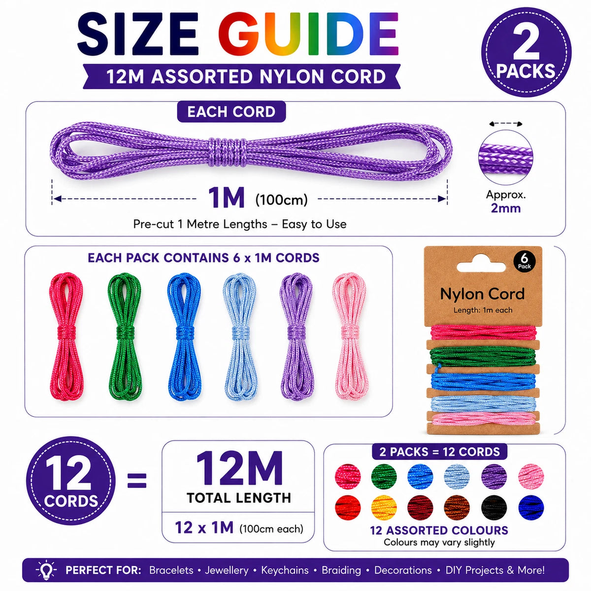 2 PACK Nylon Cord Assorted Colours Craft String Jewellery Braiding DIY 6 x 1M