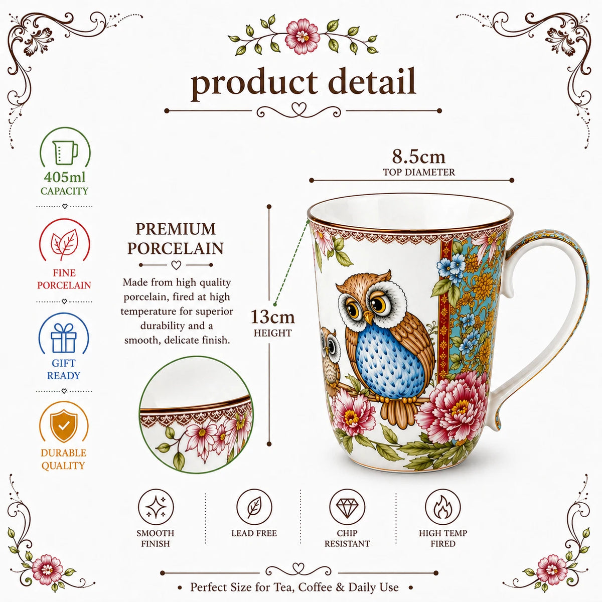 1-6x Owl 405ml Fine Porcelain Coffee Mug Tea Cup Floral Gift Box Gift Box