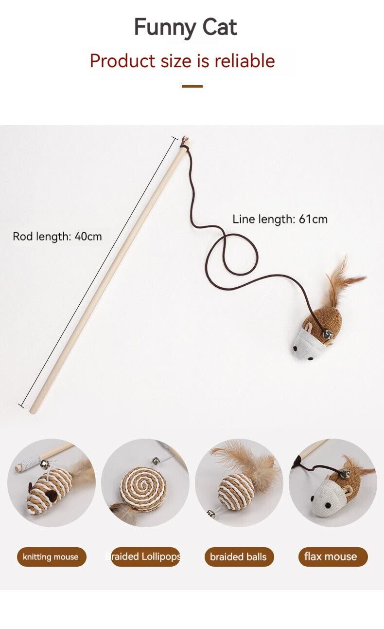 Feather Bell Mouse Interactive Tease Cat Stick Frosted Comfortable Pet Play Toy