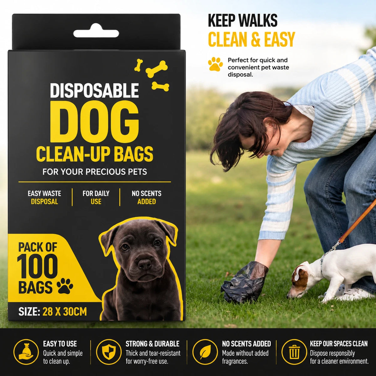 100x Dog Poop Bags Disposable Waste Bags Large 28x30cm T-Shirt Clean Up Black