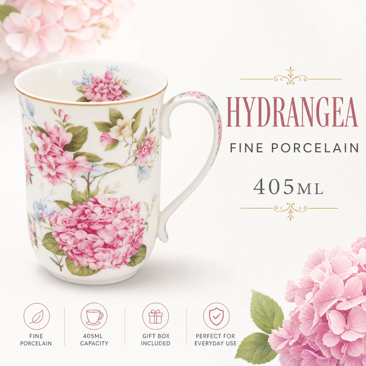 1-6x 405ml Fine Porcelain Mug Pink Hydrangea Floral Tea Coffee Cup Gift Home Office