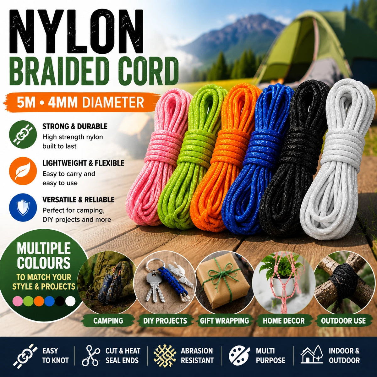 6 Pack 5M 4MM Nylon Braided Cord Rope Craft Camping Hiking DIY Macrame Binding 6 Color