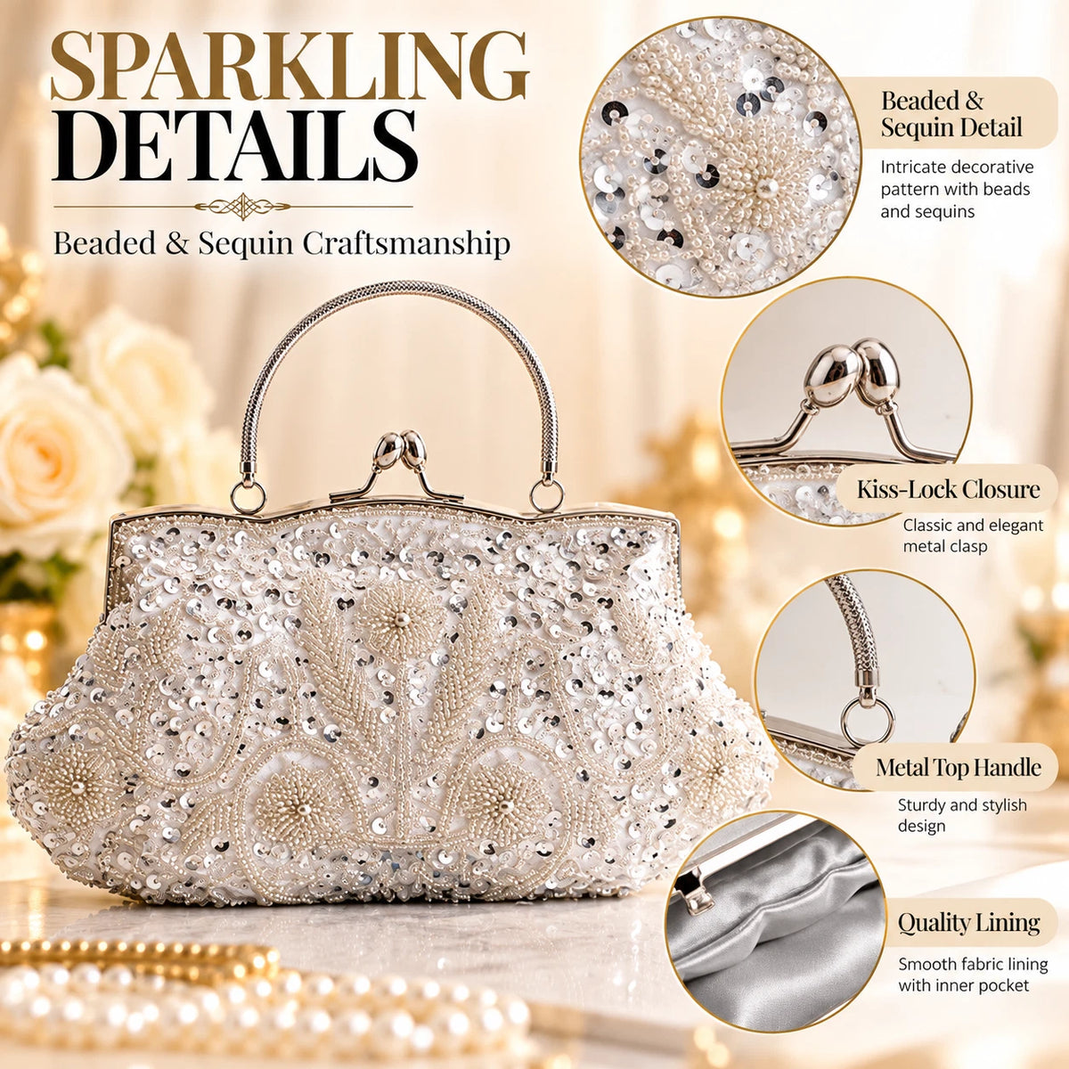 Women Beaded Sequin Evening Bag Clutch Wedding Bridal Prom Party Handbag Purse
