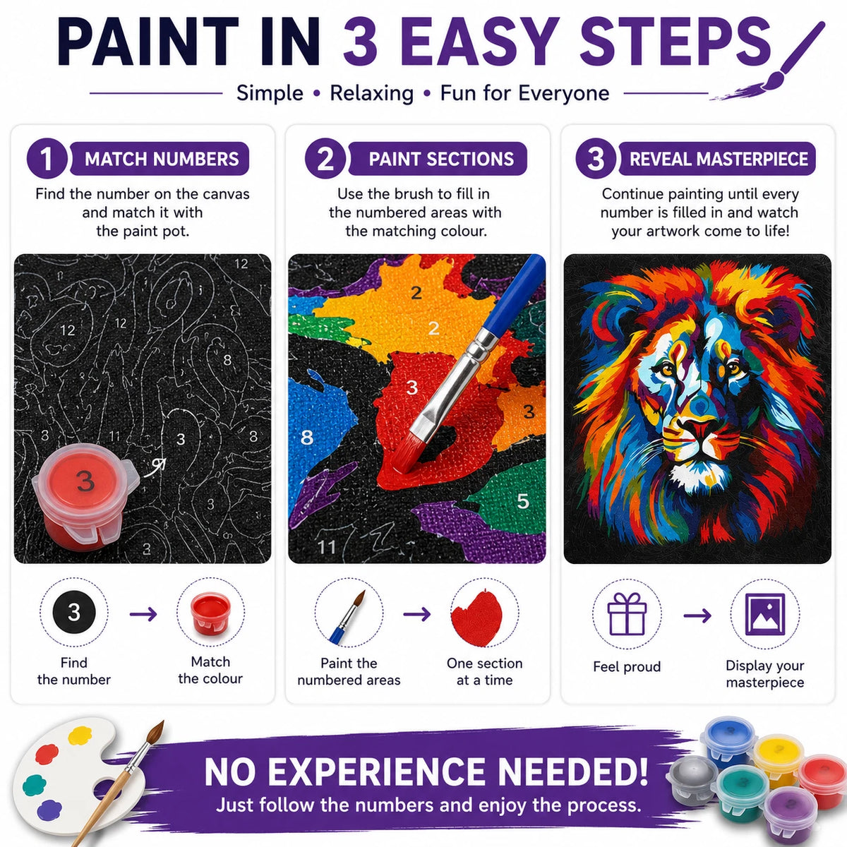 30x30cm Black Canvas Paint By Number Lion Kit DIY Acrylic Painting Art Gift