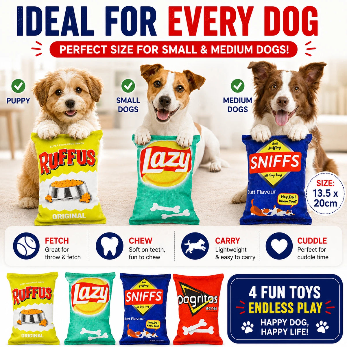 4PCS Crinkle Squeaky Dog Toys Plush Chip Bag Interactive Pet Puppy Chew Toy Soft