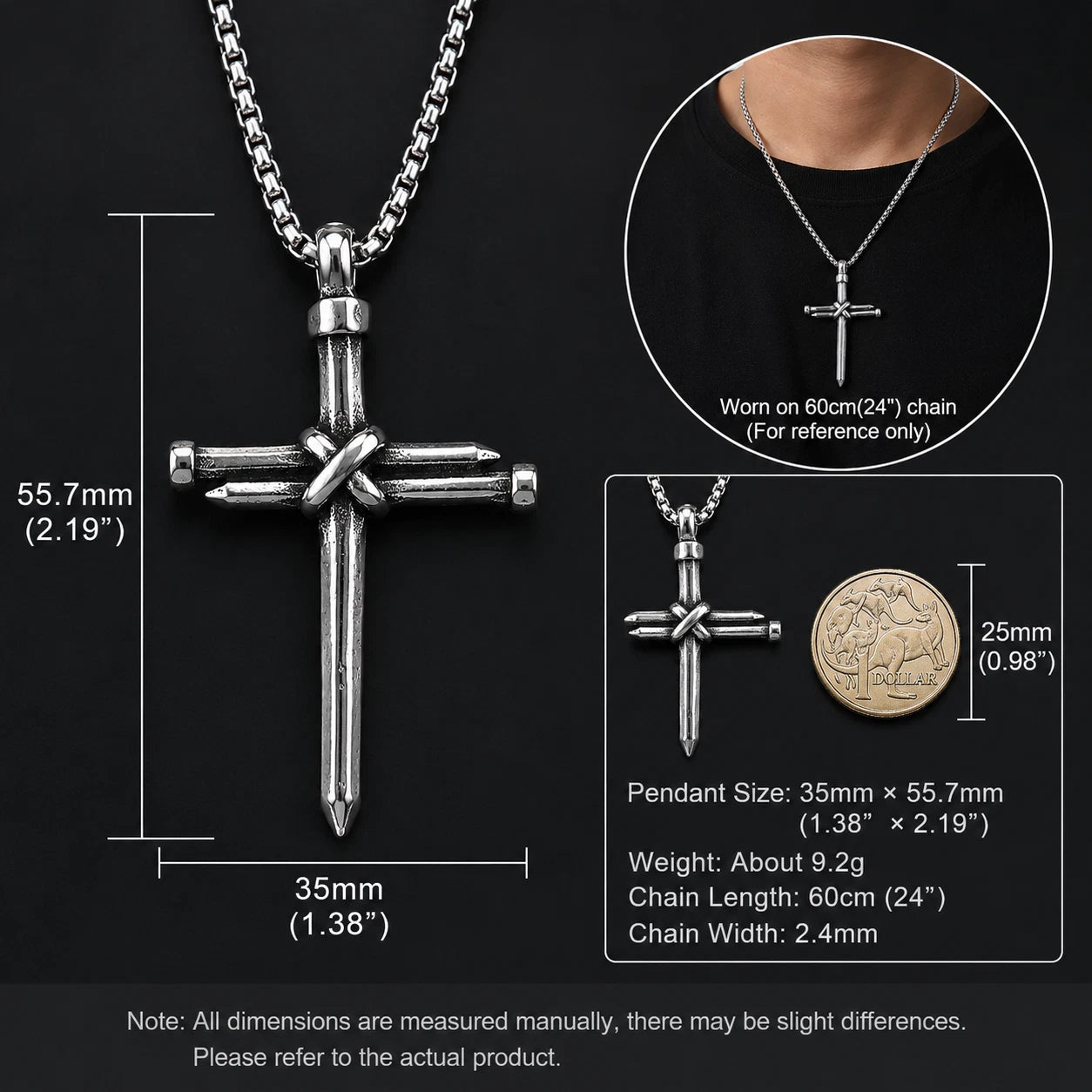 Men Stainless Steel Nail Cross Necklace Silver Crucifix Pendant Religious Jewelry Chain PN0328