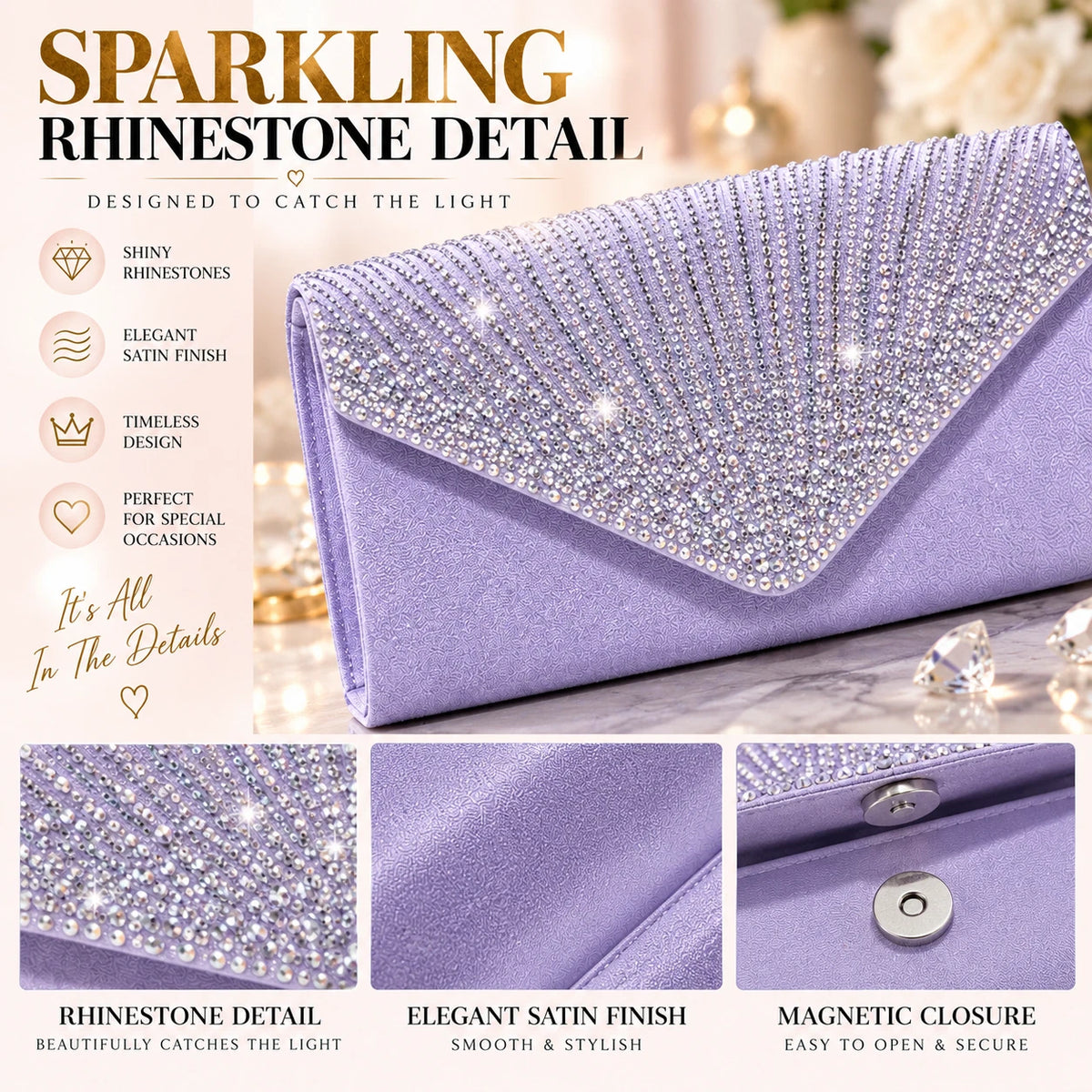 Women Rhinestone Satin Evening Clutch Bag Wedding Party Formal Bridal Handbag 12 Colour