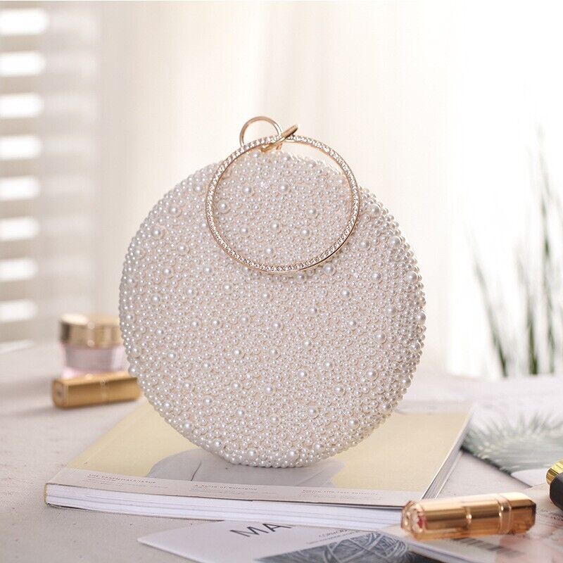 Fashion Woman Pearl Rhinestone Round Elegant Wedding Clutch Evening Party Bag