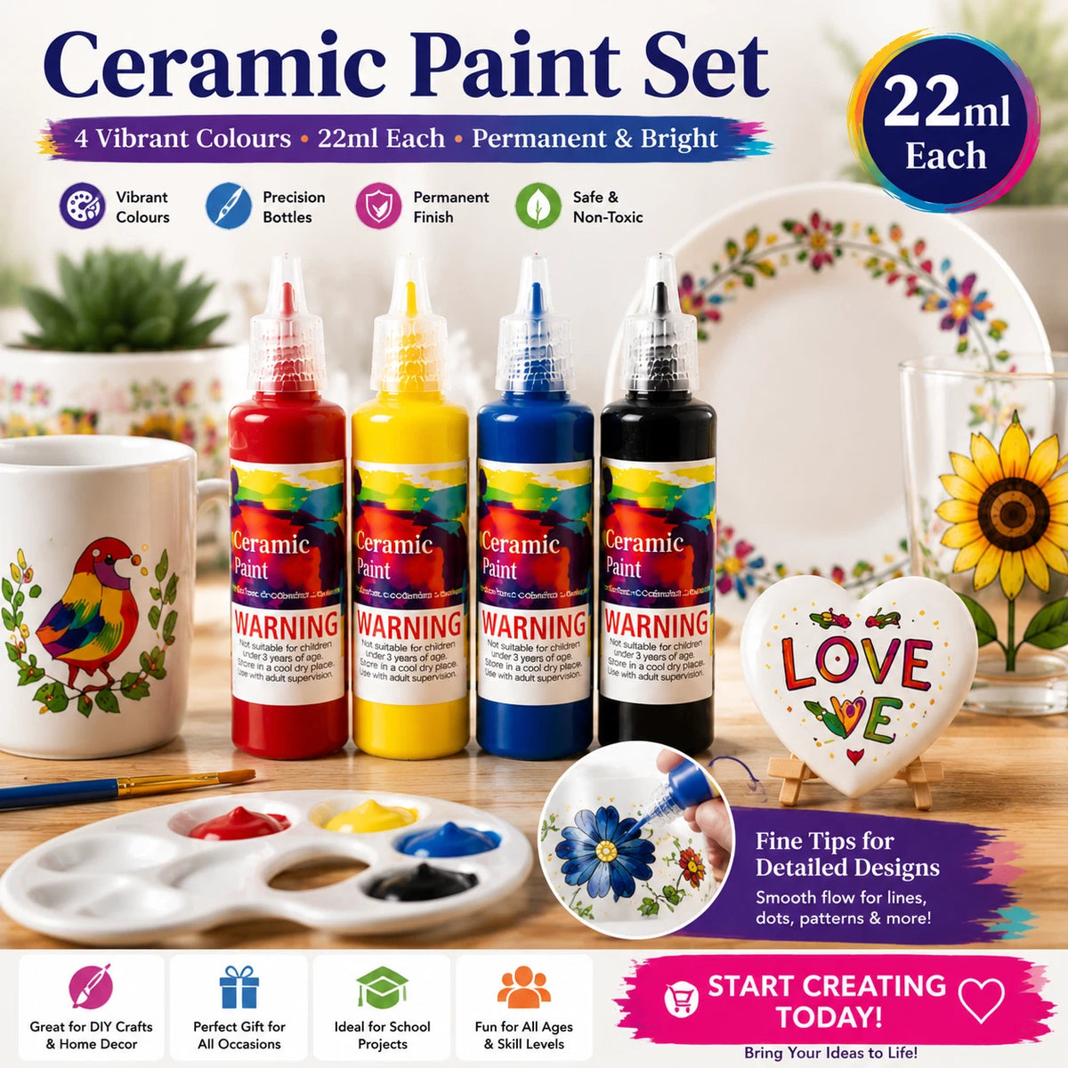 2 Pack Ceramic Paint Set 22ml Permanent Porcelain Mug Glass DIY Craft Art Colour