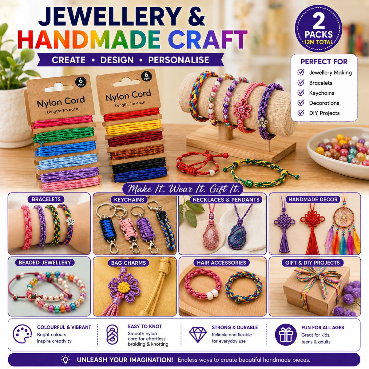 2 PACK Nylon Cord Assorted Colours Craft String Jewellery Braiding DIY 6 x 1M