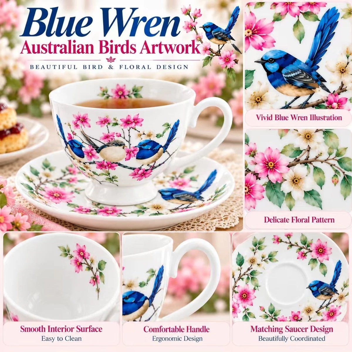 Set of 2 Cups & Saucers 250cc Australian Blue Wren Bird Fine Porcelain Gift Box