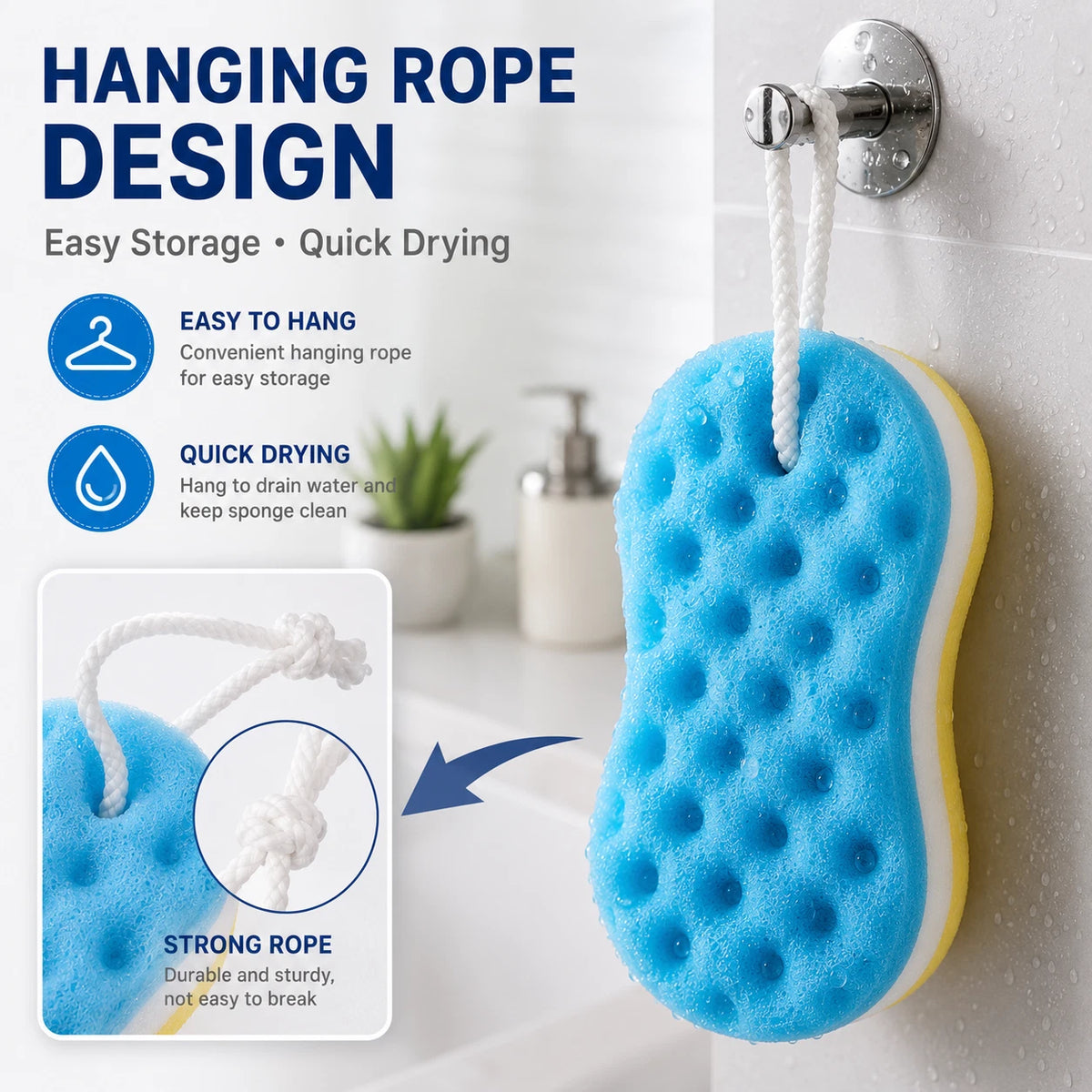 3x Bath Shower Sponge w Rope Deep Cleaning Body Scrubber Exfoliating Soft Foam