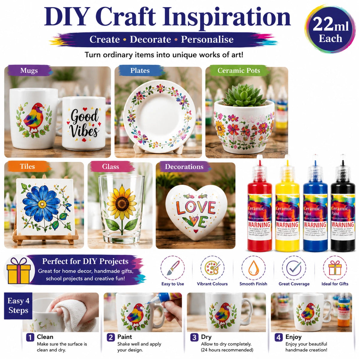 2 Pack Ceramic Paint Set 22ml Permanent Porcelain Mug Glass DIY Craft Art Colour