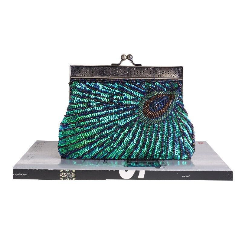 Women Bridal Metal Frame Sequined Bead Party Wedding Handbag Prom Evening Clutch