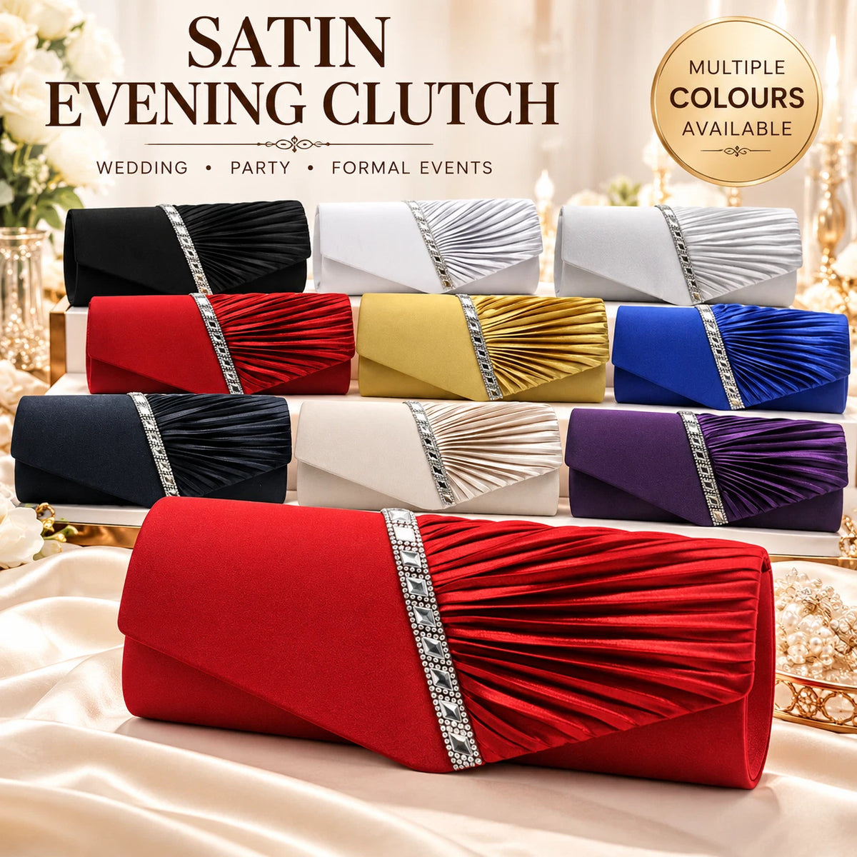 Women Satin Pleated Diamante Evening Clutch Bag Wedding Bridal Party Chain Bags 8 Colour
