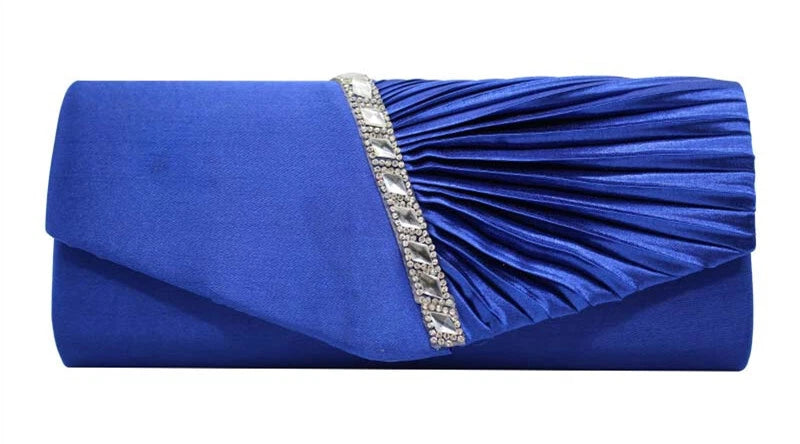 Women Satin Pleated Diamante Evening Clutch Bag Wedding Bridal Party Chain Bags 8 Colour