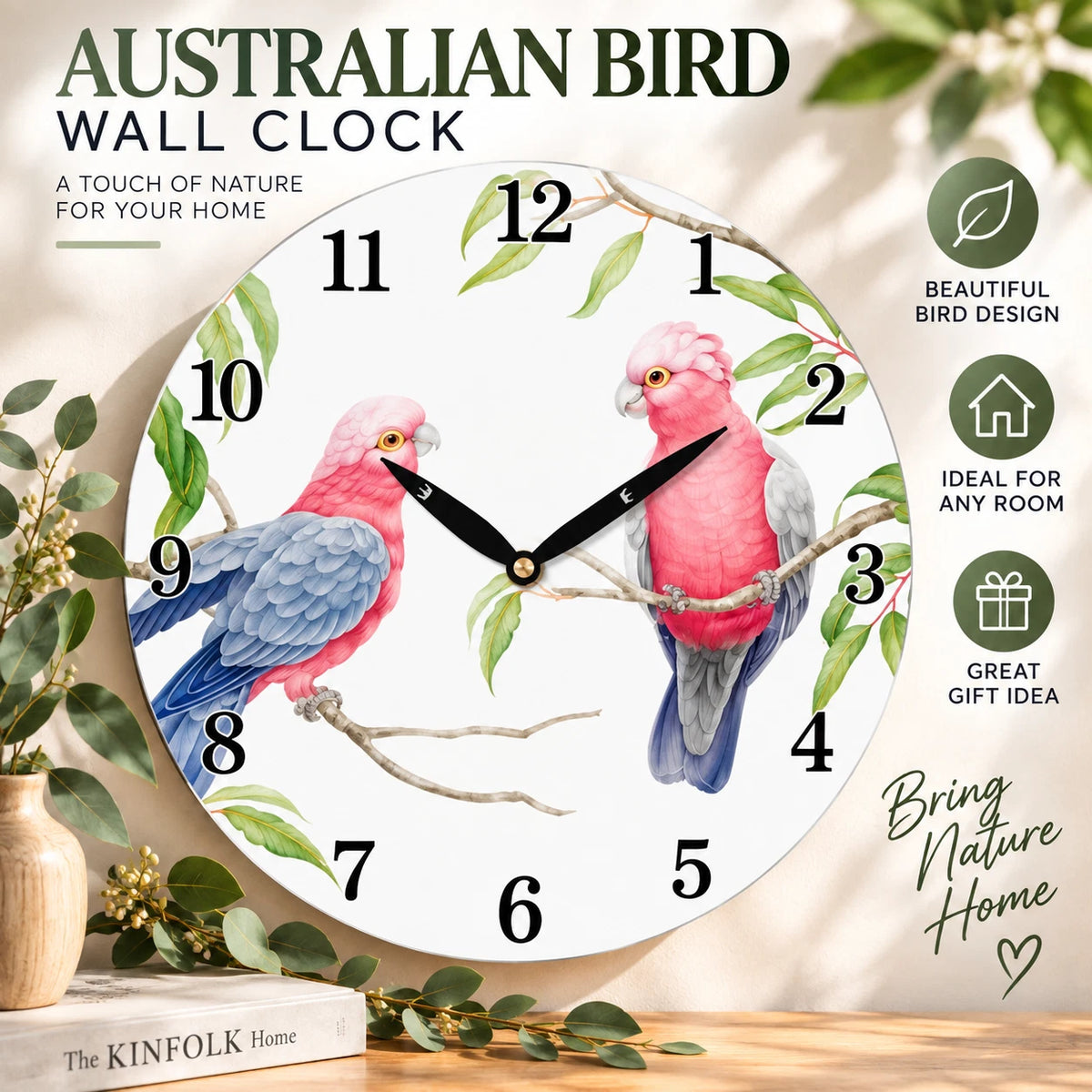 28.8cm Wall Clock Australian Birds Animal Wildlife MDF Round Home Decor