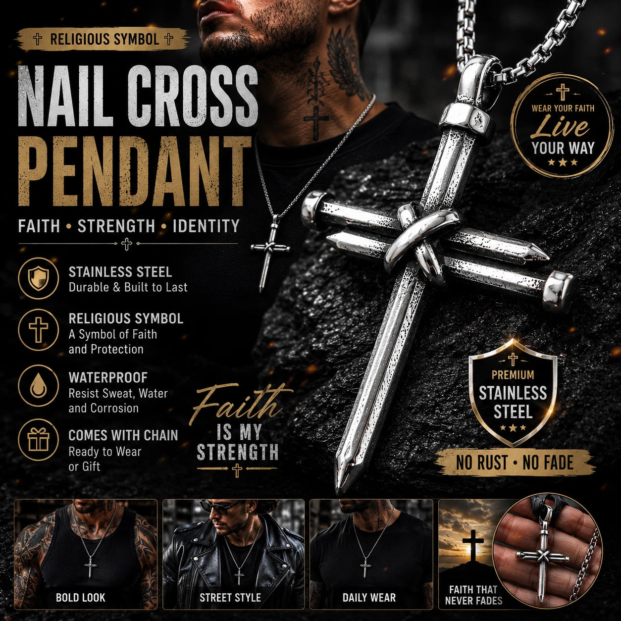 Men Stainless Steel Nail Cross Necklace Silver Crucifix Pendant Religious Jewelry Chain PN0328
