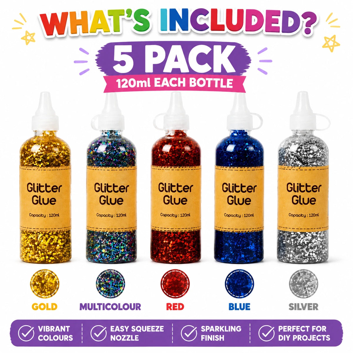 5X Craft Glitter Glue 120ml Coloured Gel Kids Crafts Scrapbooking School Project