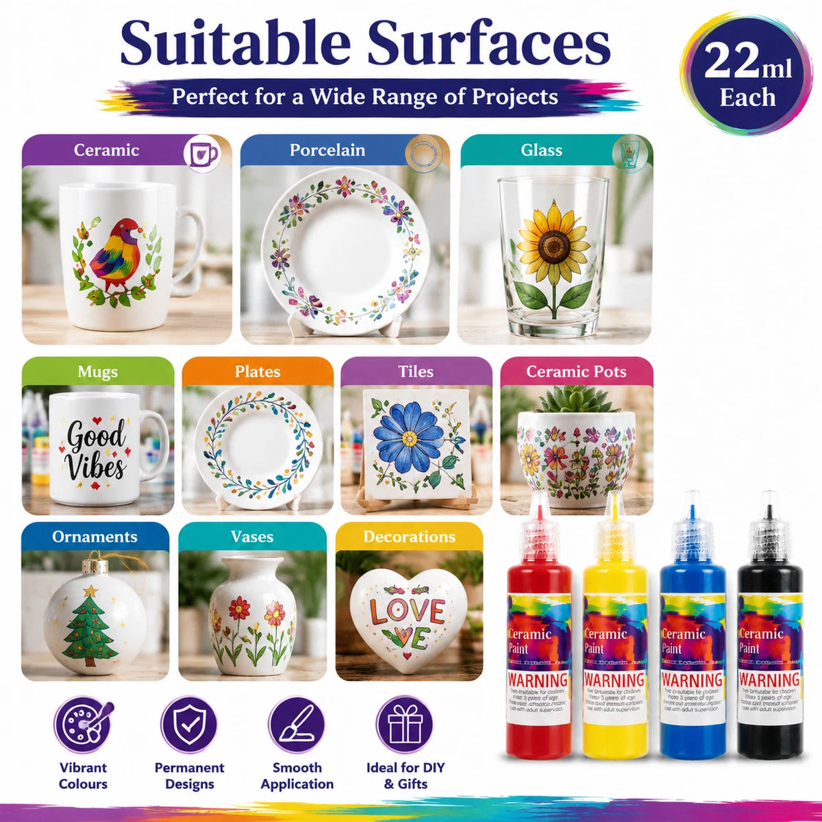 2 Pack Ceramic Paint Set 22ml Permanent Porcelain Mug Glass DIY Craft Art Colour