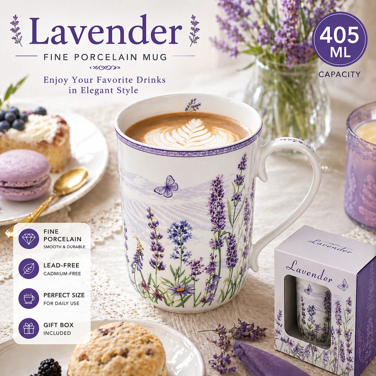1-6x Lavender Floral Mug 405ml Fine Porcelain Tea Coffee Cup Mother's Day Gift