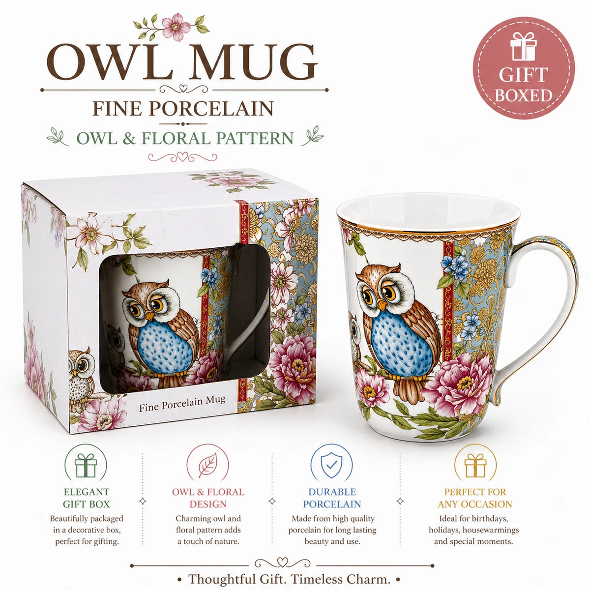 1-6x Owl 405ml Fine Porcelain Coffee Mug Tea Cup Floral Gift Box Gift Box