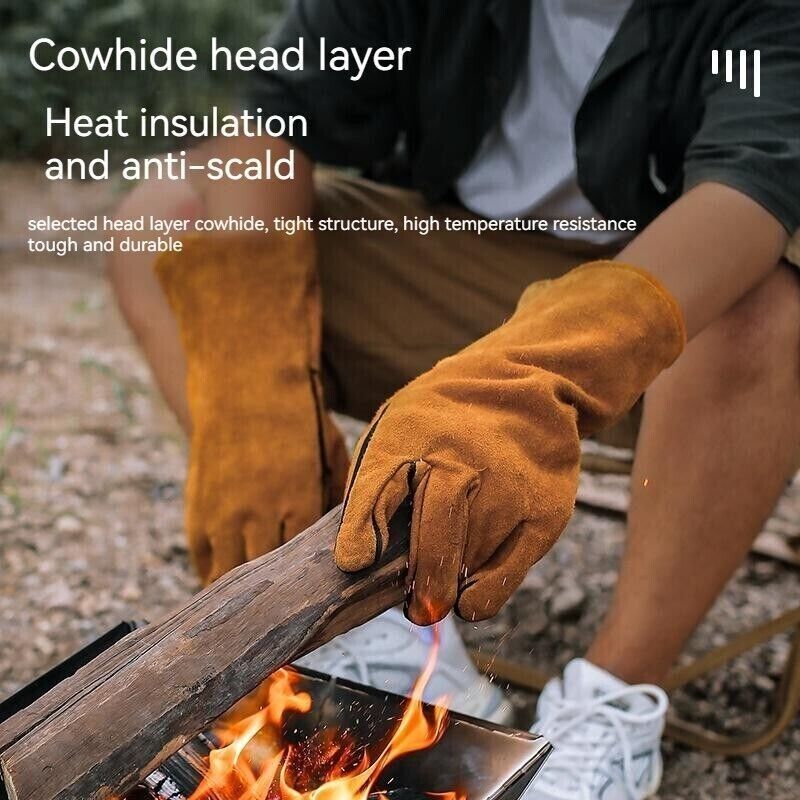 Outdoor Camp BBQ Long Anti-hot Gloves Cowhide Leather Heat Resistant Protection