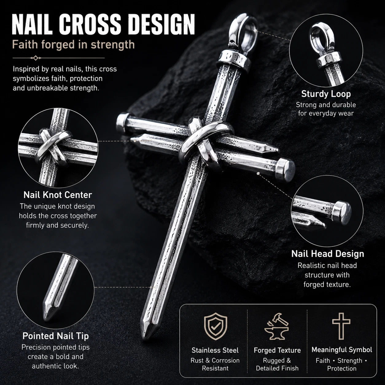Men Stainless Steel Nail Cross Necklace Silver Crucifix Pendant Religious Jewelry Chain PN0328