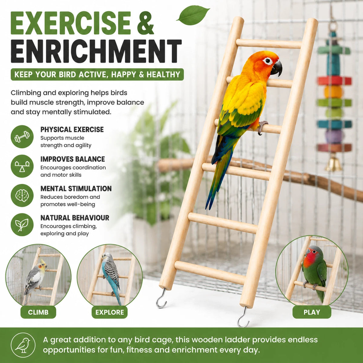 Wooden Bird Ladder Toy 37x13.8cm Parrot Cage Climbing Perch Exercise Accessory