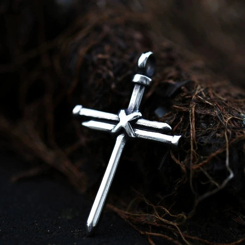 Men Stainless Steel Nail Cross Necklace Silver Crucifix Pendant Religious Jewelry Chain PN0328