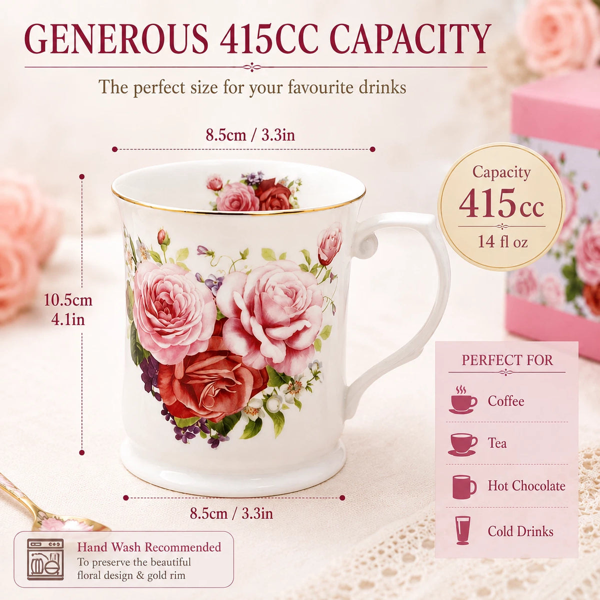1-6x Vintage Pink Rose Mug 415ml Fine Porcelain Coffee Tea Cup Floral Gift