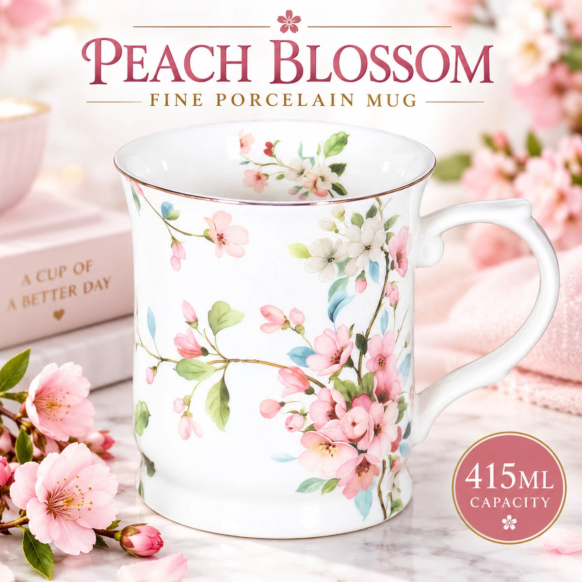 Peach Blossom White Fine Porcelain Mug 415ml Floral Coffee Tea Cup Gift Box 1-6X