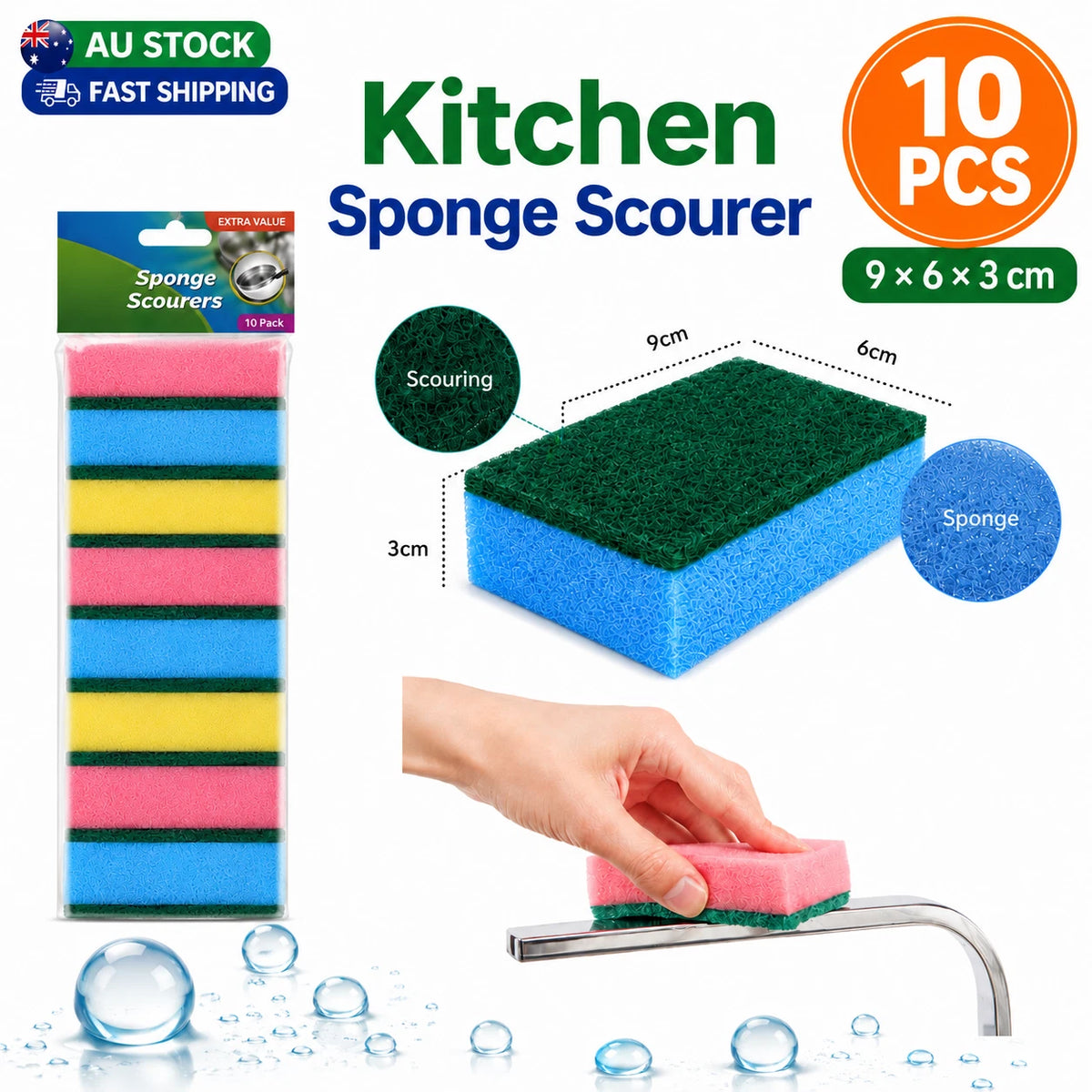 2 Pack 10PCS Kitchen Sponge Scourer Heavy Duty Washing Up Dish Scrubber 9x6x3CM Pad