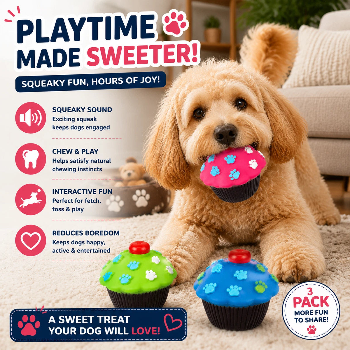 3PCS Dog Squeaky Cupcake Toys Vinyl Chew Puppy Interactive Dental Play Gift 8cm