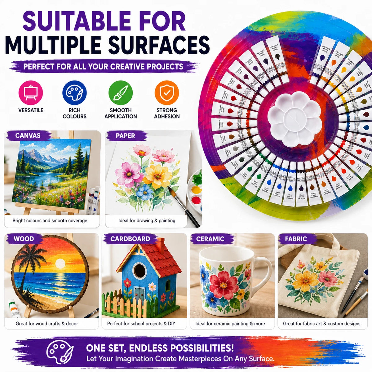 24 Colour Acrylic Paint Set 12ml Tubes with Palette Water Based Art Craft Paint