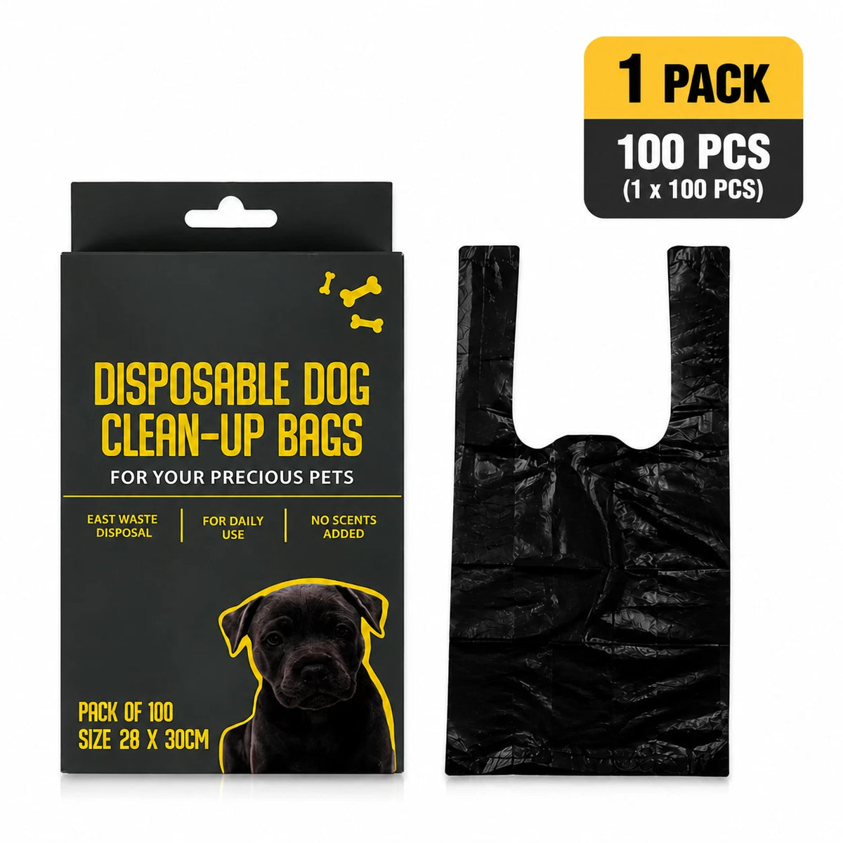 100x Dog Poop Bags Disposable Waste Bags Large 28x30cm T-Shirt Clean Up Black