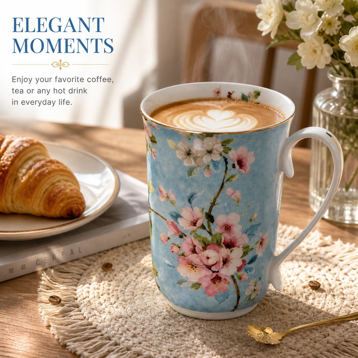 1-6x Blue Floral Porcelain Mug 405ml Vintage Peach Blossom Tea Coffee Cup Daily Gift