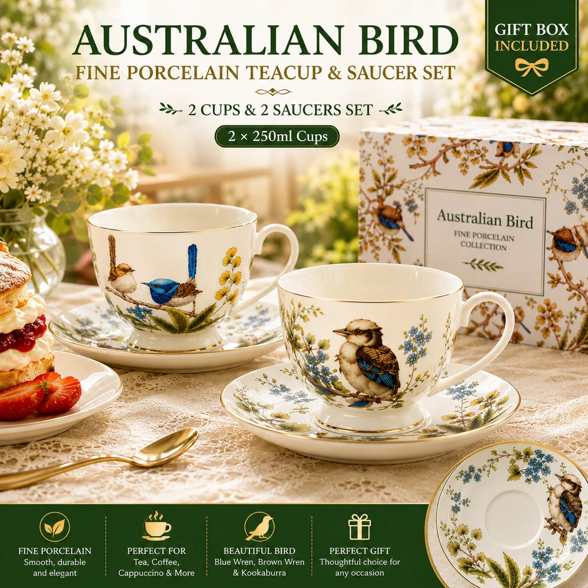 Set of 2 Cups & Saucers 250cc Australian Birds Blue Wren Fine Porcelain Gift Box