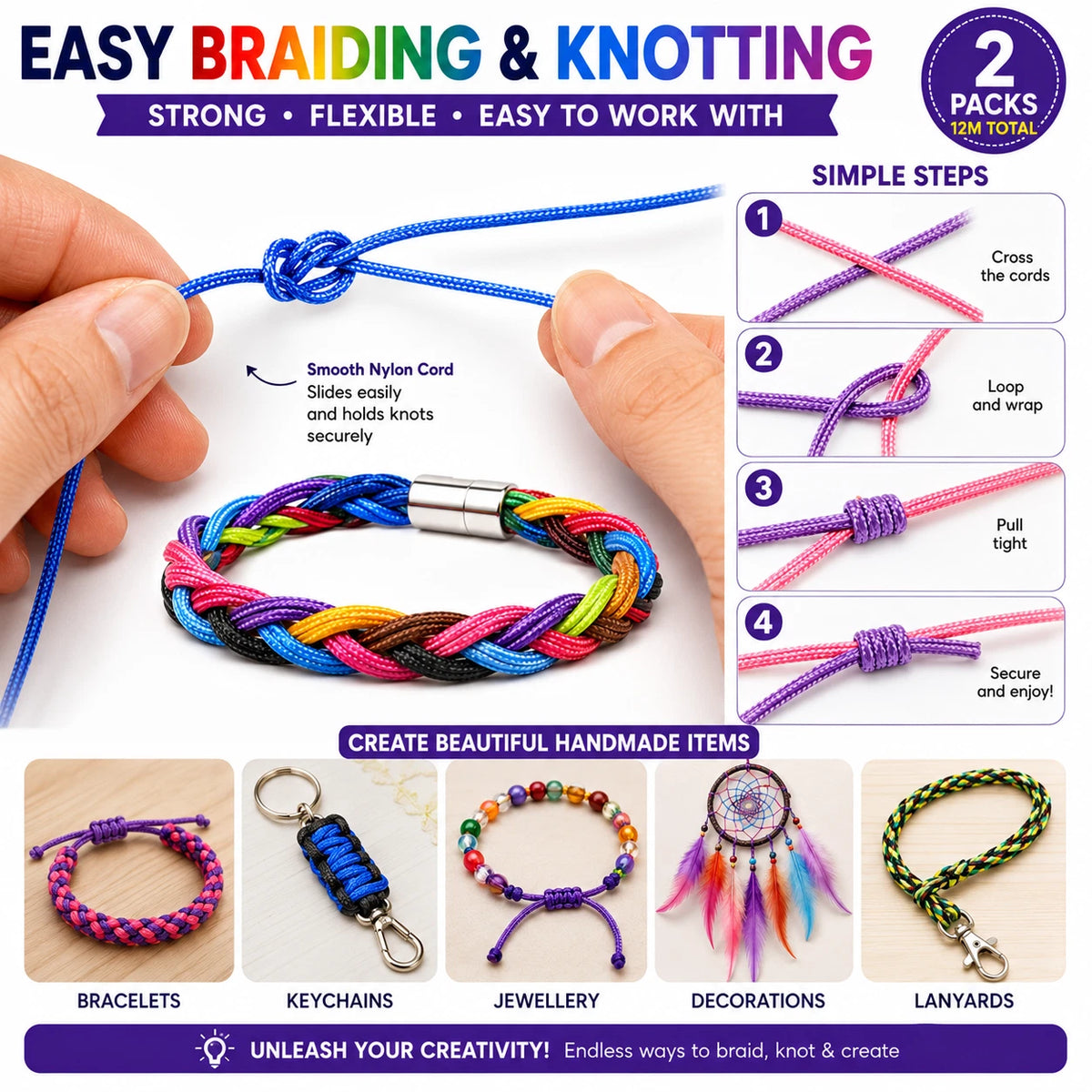 2 PACK Nylon Cord Assorted Colours Craft String Jewellery Braiding DIY 6 x 1M