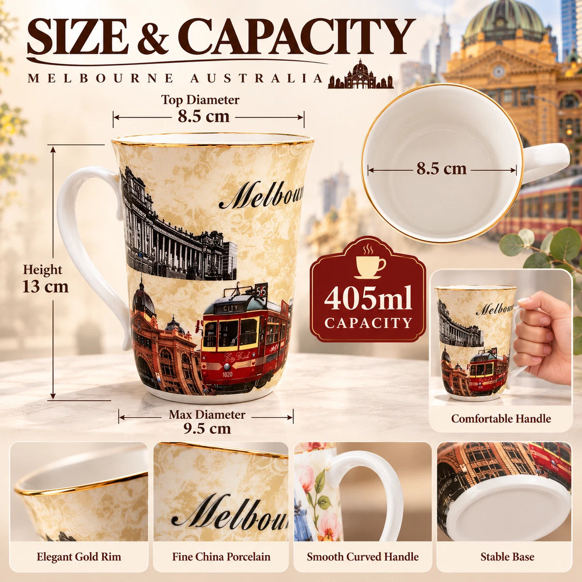 1-6x Melbourne Australia Souvenir Coffee Mug 405ml Fine China Tea Cup Gift Boxed