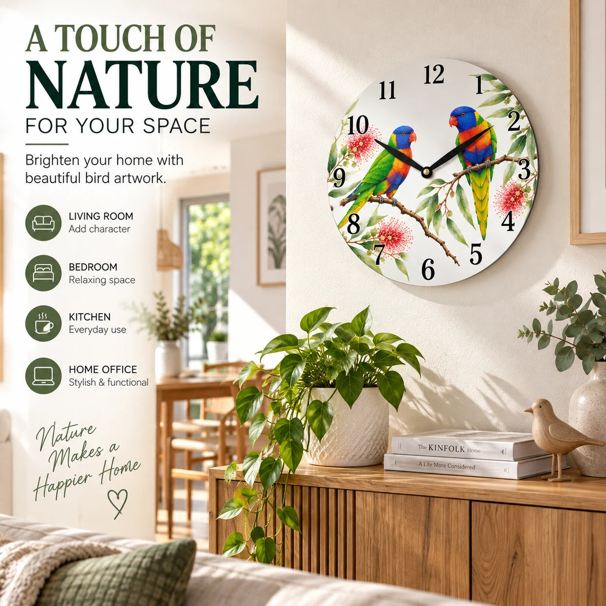 28.8cm Wall Clock Australian Birds Animal Wildlife MDF Round Home Decor