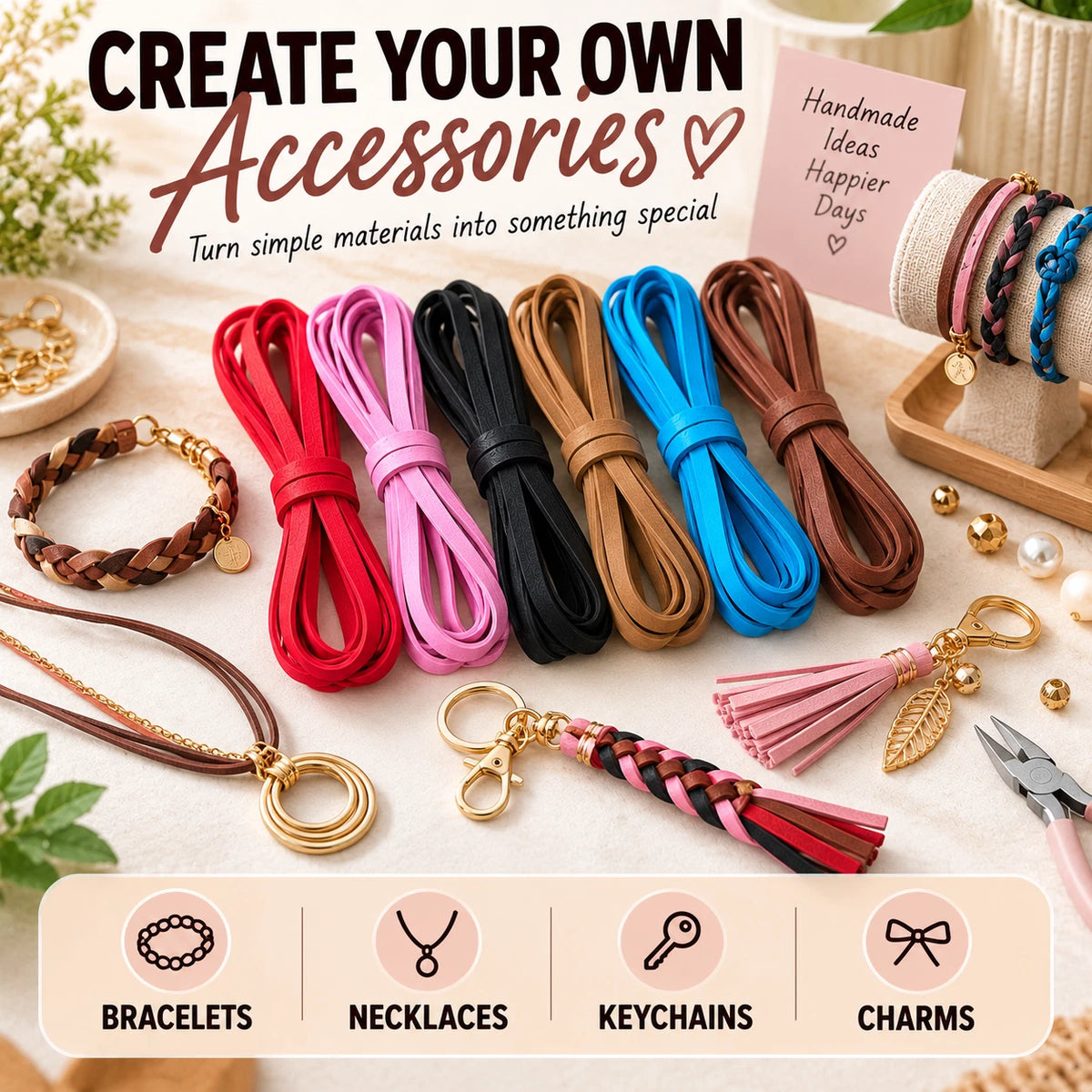 PU Faux Leather Cord Strips 1M x 3mm Jewellery Making DIY Craft 4 Pack