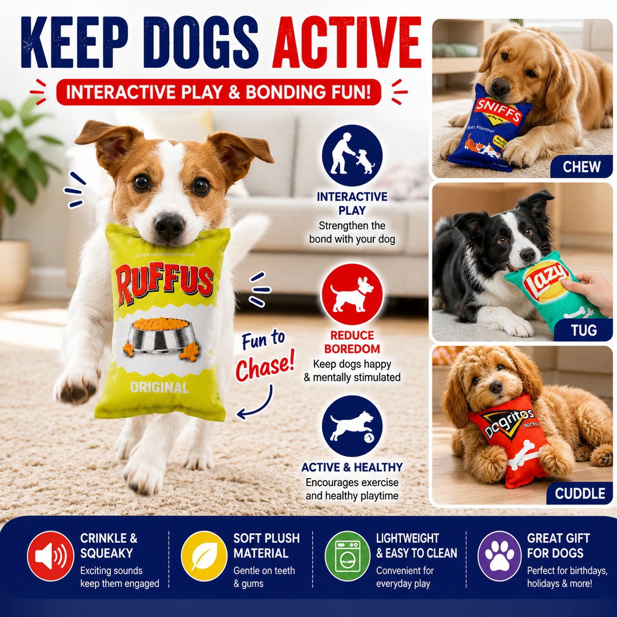 4PCS Crinkle Squeaky Dog Toys Plush Chip Bag Interactive Pet Puppy Chew Toy Soft