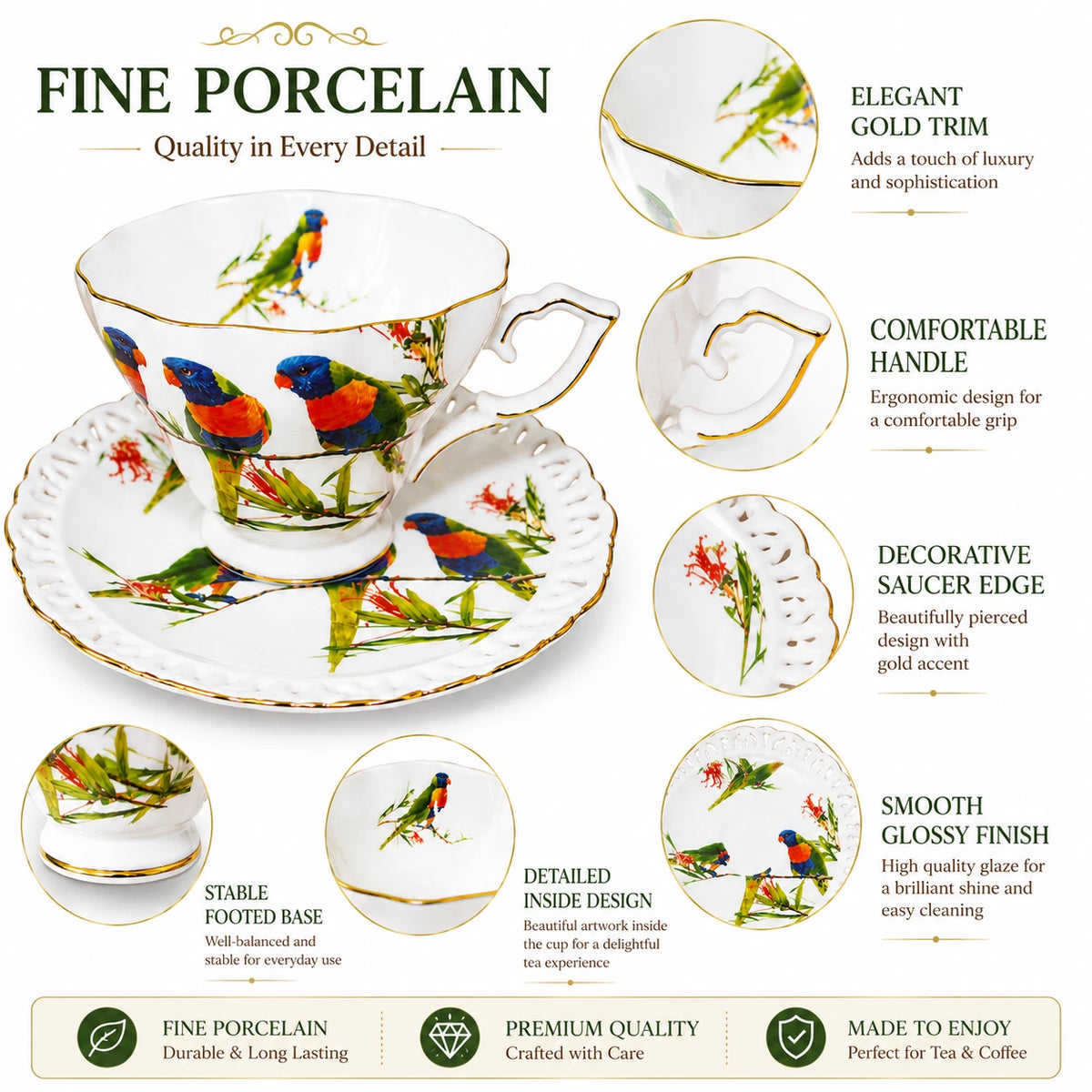 Set of 2 Cups & Saucers 250cc Rainbow Lorikeets Bird Fine Porcelain Gift Box