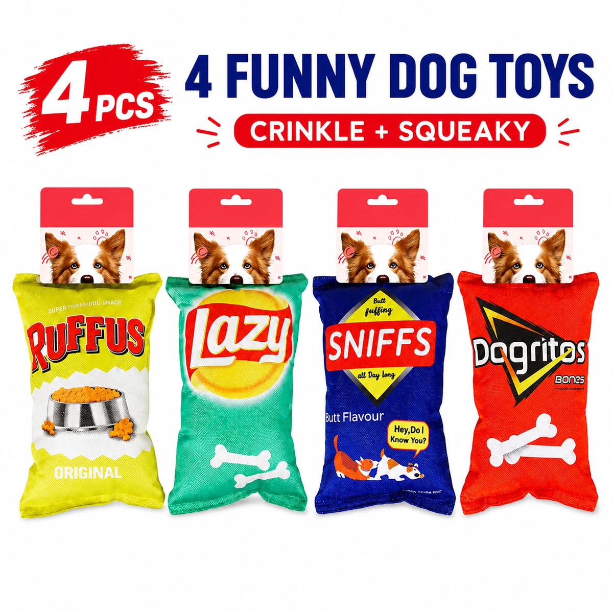 4PCS Crinkle Squeaky Dog Toys Plush Chip Bag Interactive Pet Puppy Chew Toy Soft