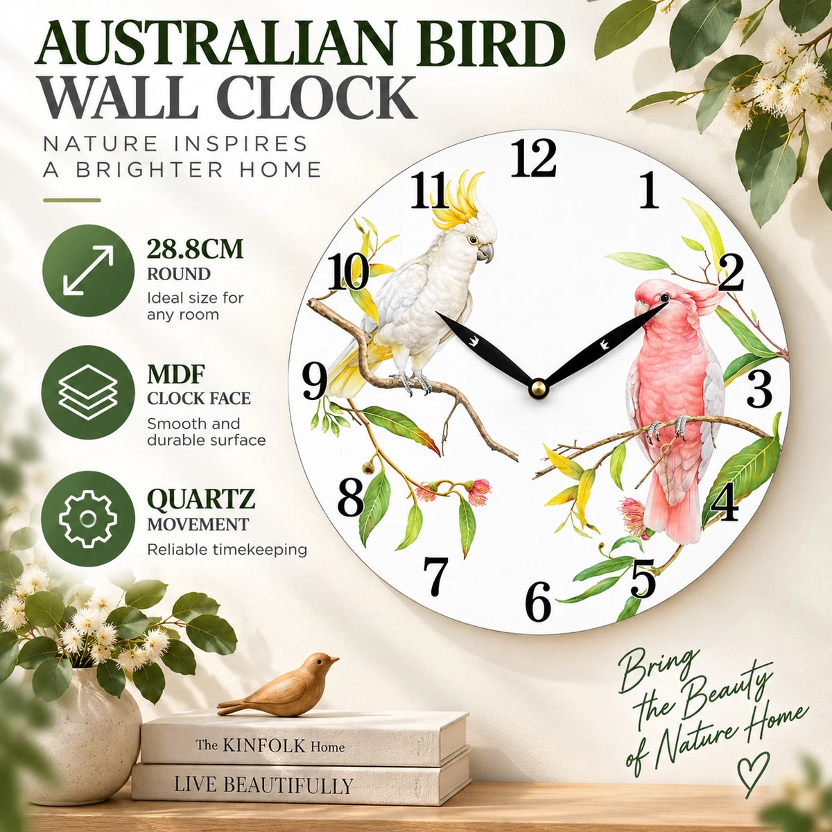28.8cm Wall Clock Australian Birds Animal Wildlife MDF Round Home Decor